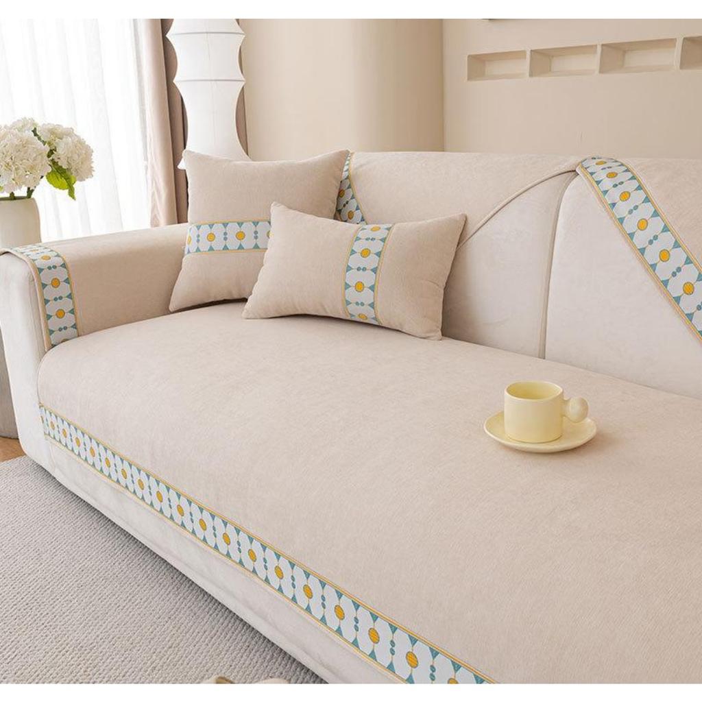 Embroidery Sofa Cover White Edge Four Season Universal Chenille Anti-slip Sofa Cushion for Living Room Mat Couch Towel Slipcover