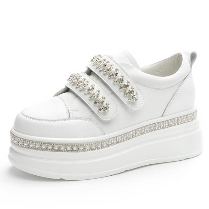 

Top quality 7cm Skate Board Vulcanized Chunky Block Boot Bling Platform Wedge Sneakers Cow Genuine Leather Breathable lady Shoes 34 чёрный