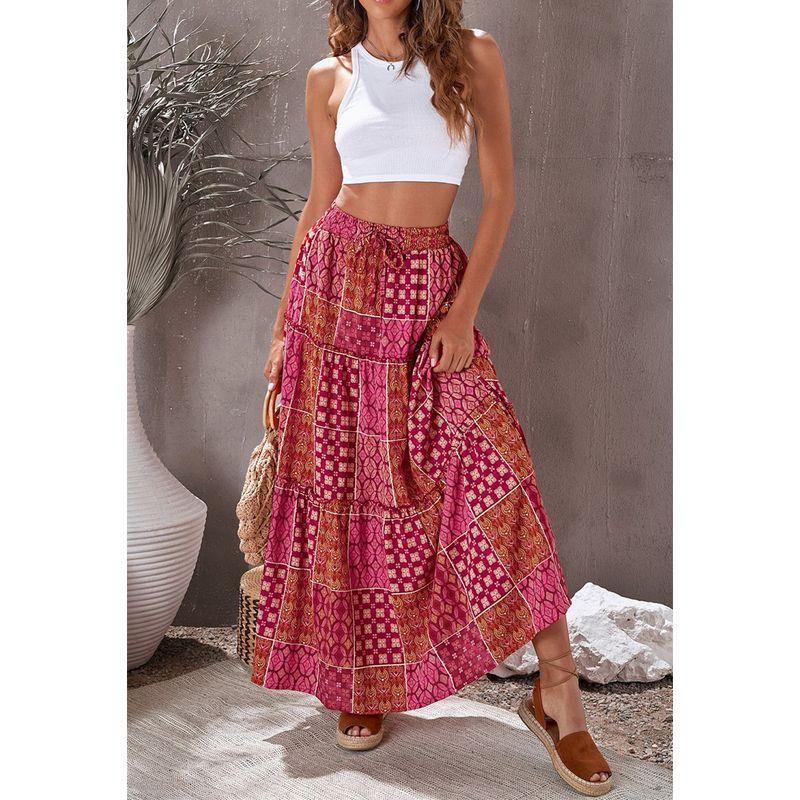 

Fashion Vacation Style Bohemia Retro Ethnic Print Tight Waist Summer Women s Skirt Large Swing Beach Dress Red M