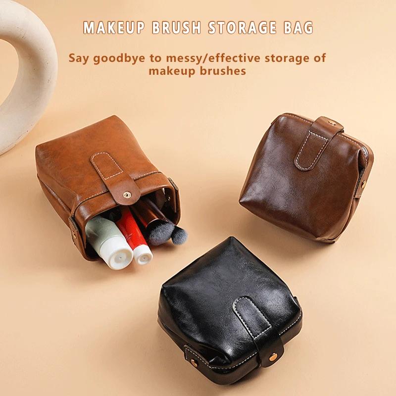 Retro Leather Makeup Bag Home Bathroom Vanity Lipstick and Makeup Brush Storage Bag Travel Portable Organization