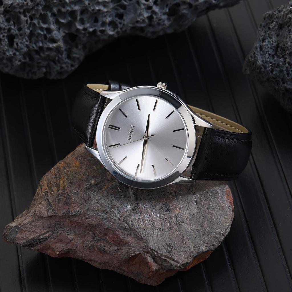 BUREI Analog Quartz Leather Gift Men's Watch, Waterproof, Popular, Simple, Stylish, Business, Casual, Strap, (Silver, Black, Leather)