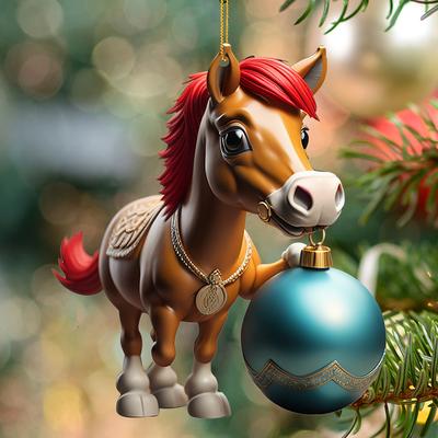 Christmas Cute Cartoon Horse Pendant Ornaments, Double-side Print Acrylic Ornaments, Christmas Tree Hanging Decoration Christmas Decoration