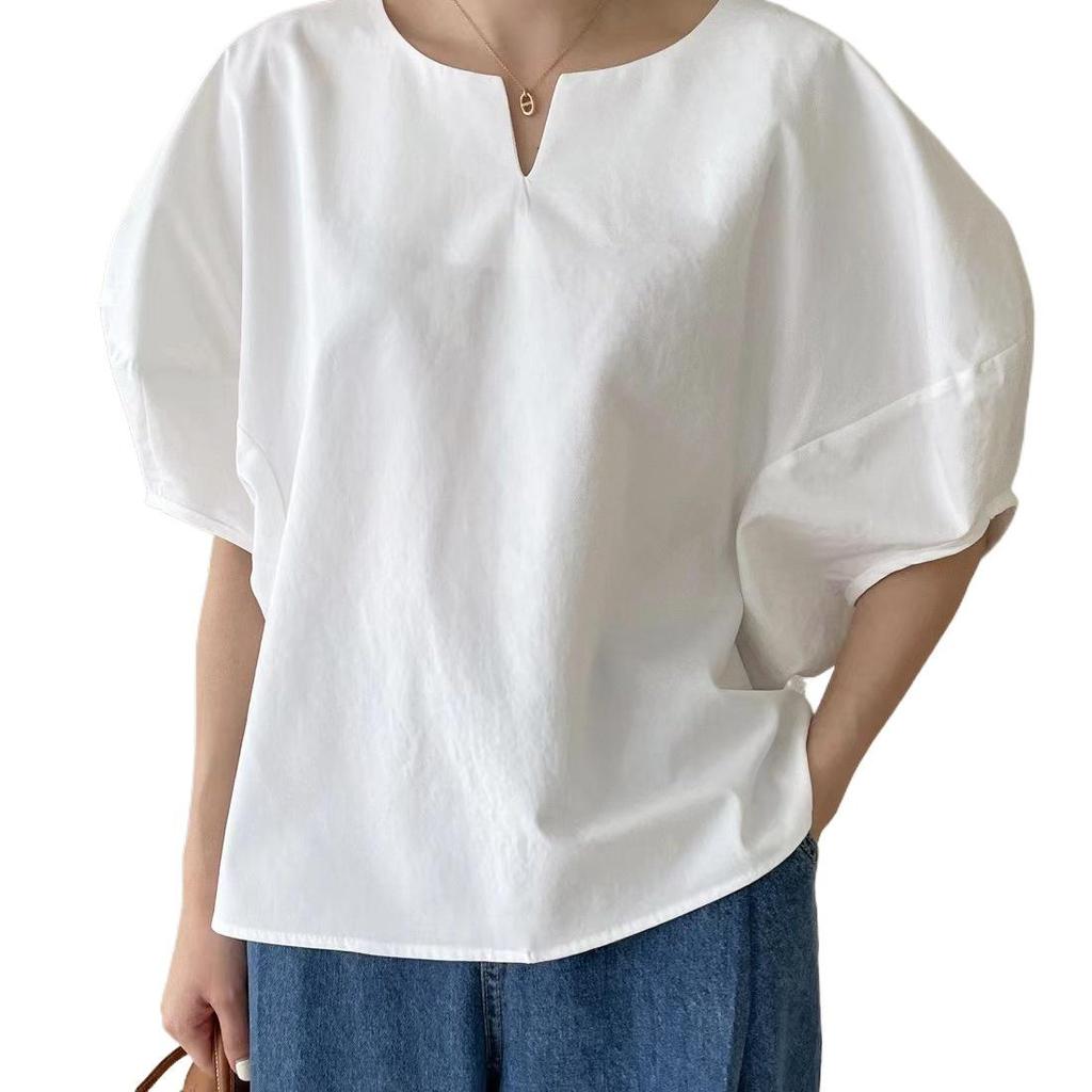 2025 Sommer Damen Koreanisch Chic V-Ausschnitt Locker Einfarbiges Hemd