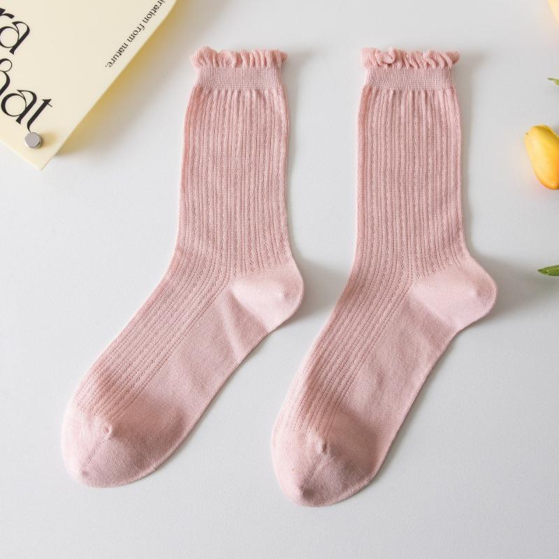 5 Pairs of New Female Spring and Summer Mesh Auricular Rimmed Boneless Pure Cotton Tube Stack Socks