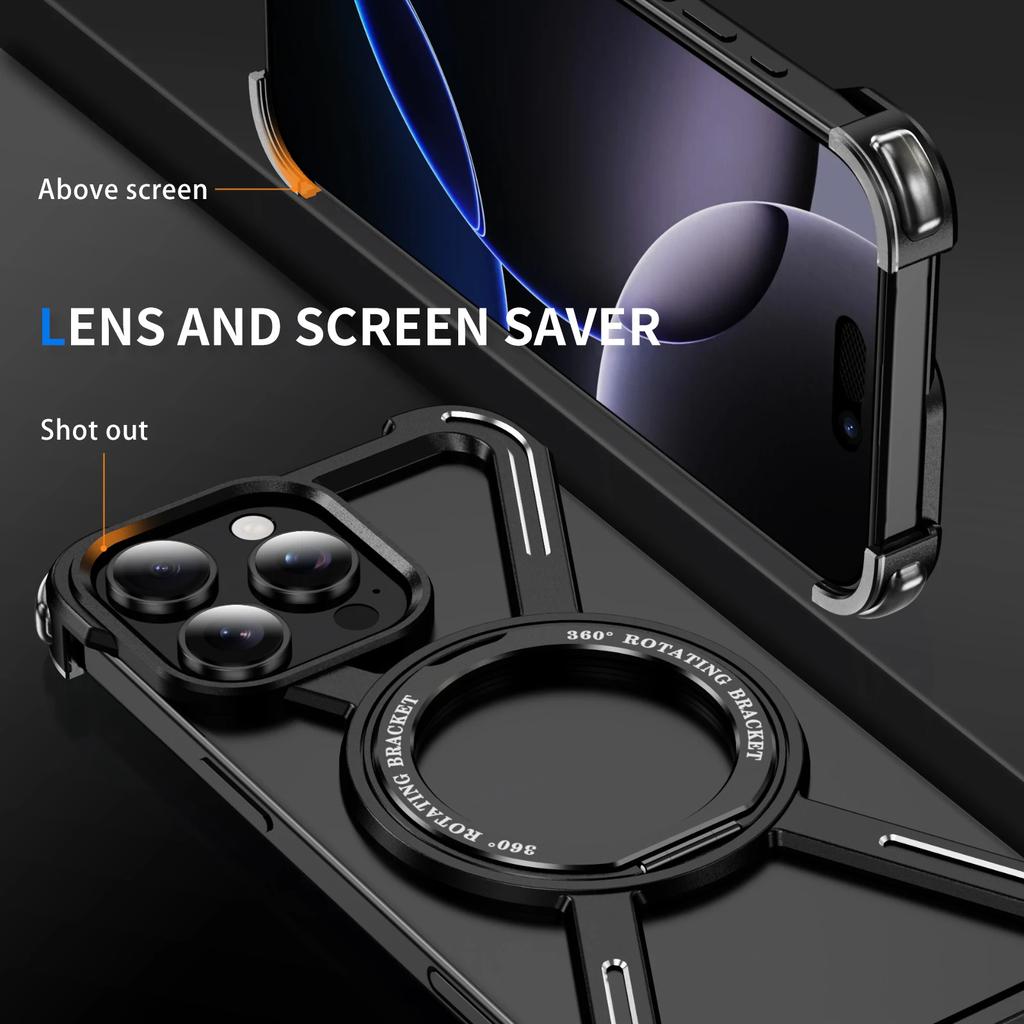Titanium Metal Alloy Magnetic Phone Case For iPhone 13 14 15 Plus 16 Pro Max 360° Rotation Holder Frameless Protective Cover