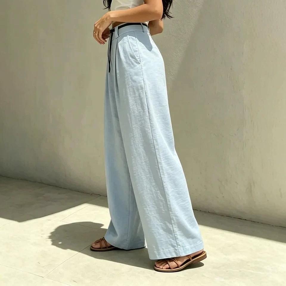 Women's High Waist Belted Pleated Solid Linen Wide Leg Long Pants Loose Fit Casual Trousers