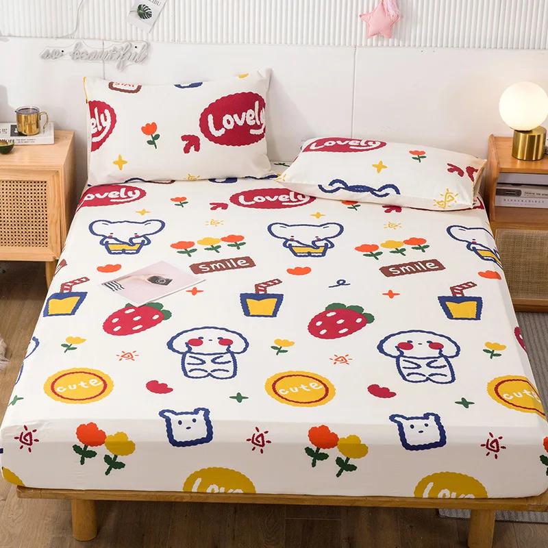 Pure Cotton Printed Fitted Sheet Only Non-Slip Protective Cover for Bedroom  (no Pillowcase)