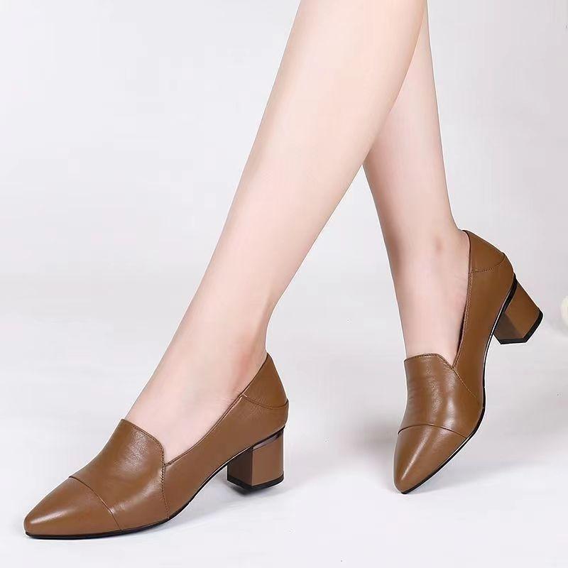 2025 spring and autumn new high heels women's middle heel single shoes soft leather shallow mouth soft leather pointed thick heel