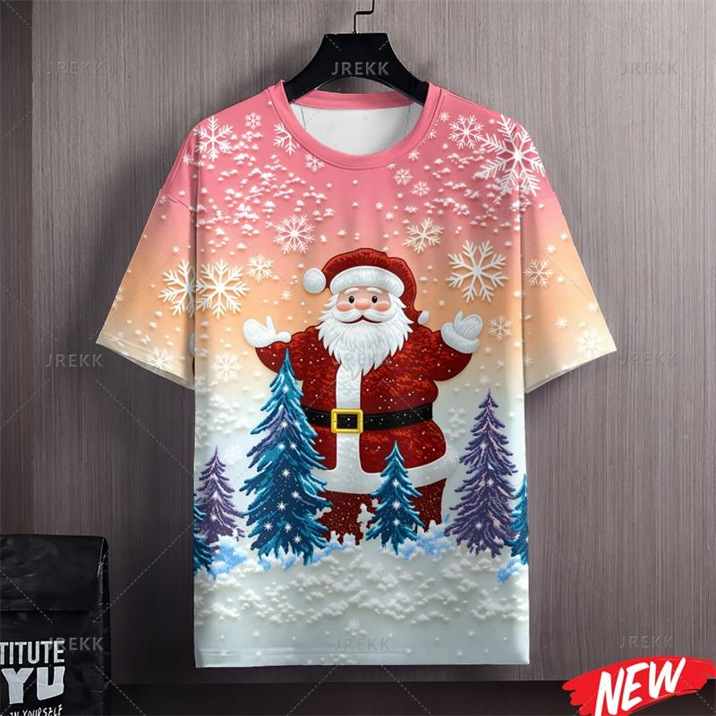 Merry Christmas Santa Claus Pattern T Shirt Men 3d Printing Xmas T-shirt Crew Neck Short Sleeve Horse New Year Women Tee Shirts