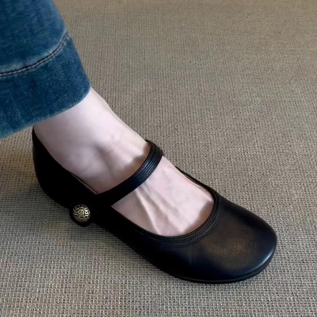 

Версия из коровьей кожи~ Летние туфли на плоской подошве, нежный вечерний бриз в сочетании с юбкой, маленькие черные кожаные туфли, французские туфли Мэри Джейн для женщин 40 чёрный