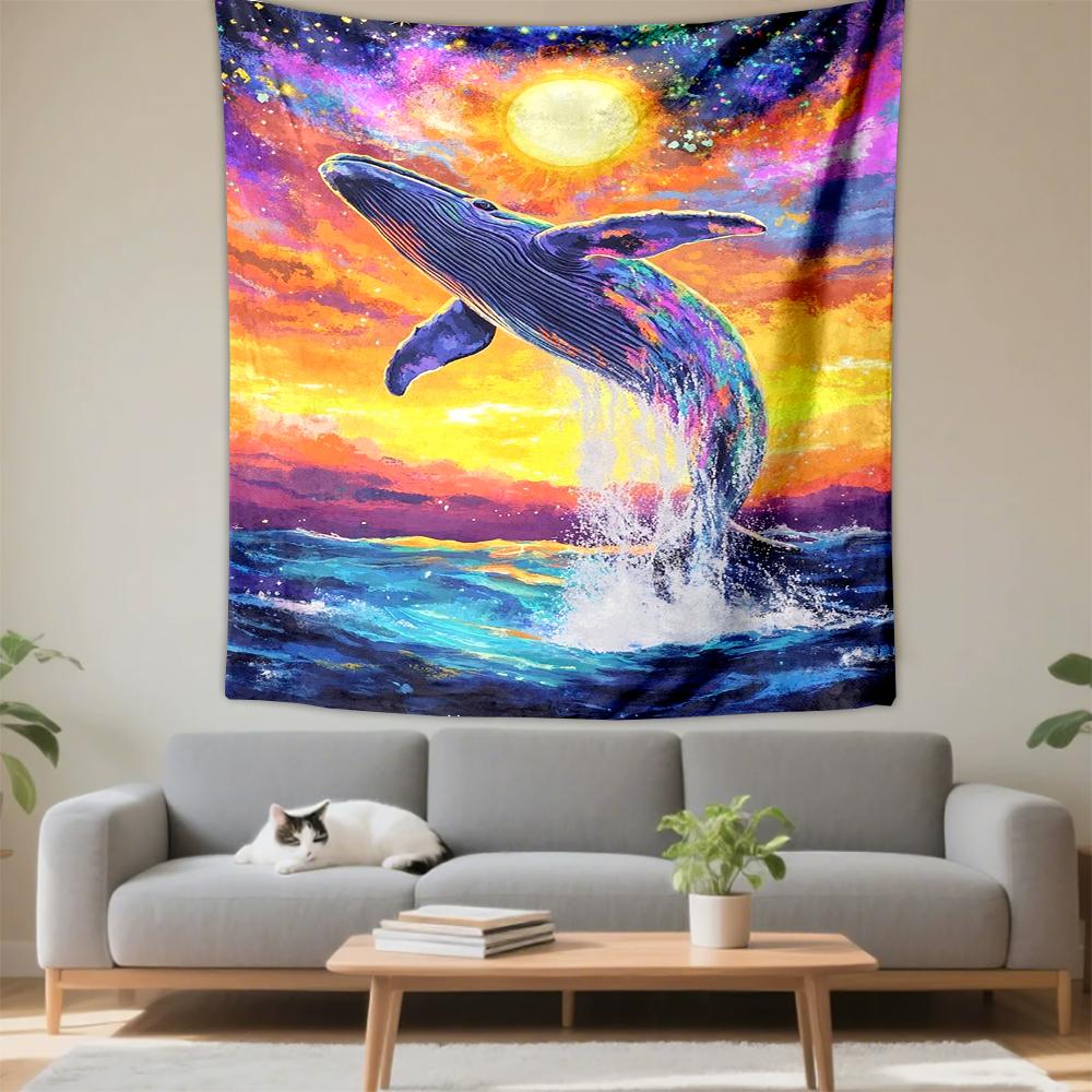 Colorful Whale Jumping in Sunset Ocean Patterned tapestry for bedroom and living room home decor