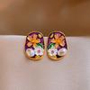 Monet garden oil painting style love flower pearl earrings fashion temperament stud earrings French sweet small fresh earrings