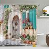 Italian European Shower Curtain Tuscany Architecture Greece City Town Scene Vintage Spring Floral Italy Mediterranean Green Plant Bathroom Curtain
