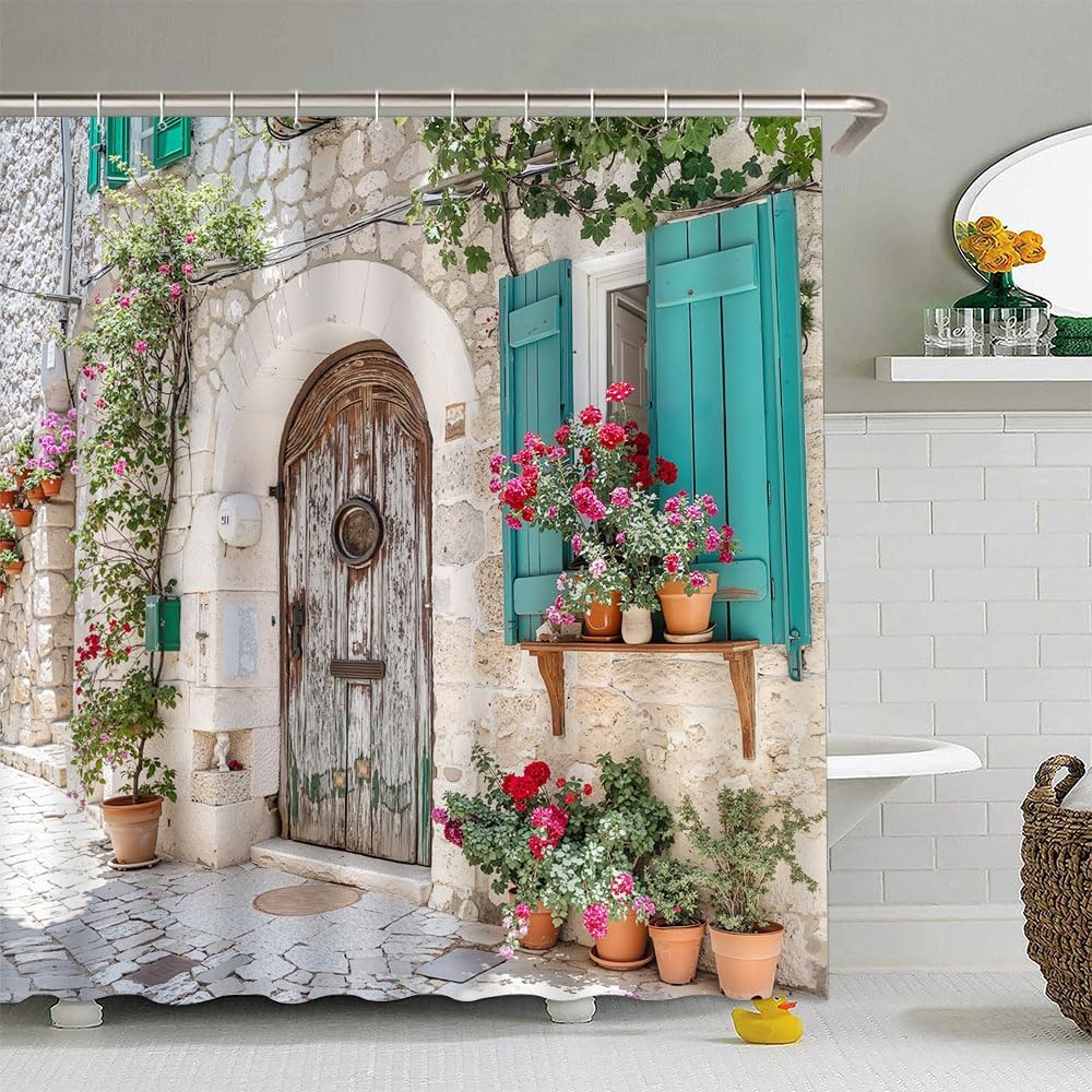 Italian European Shower Curtain Tuscany Architecture Greece City Town Scene Vintage Spring Floral Italy Mediterranean Green Plant Bathroom Curtain