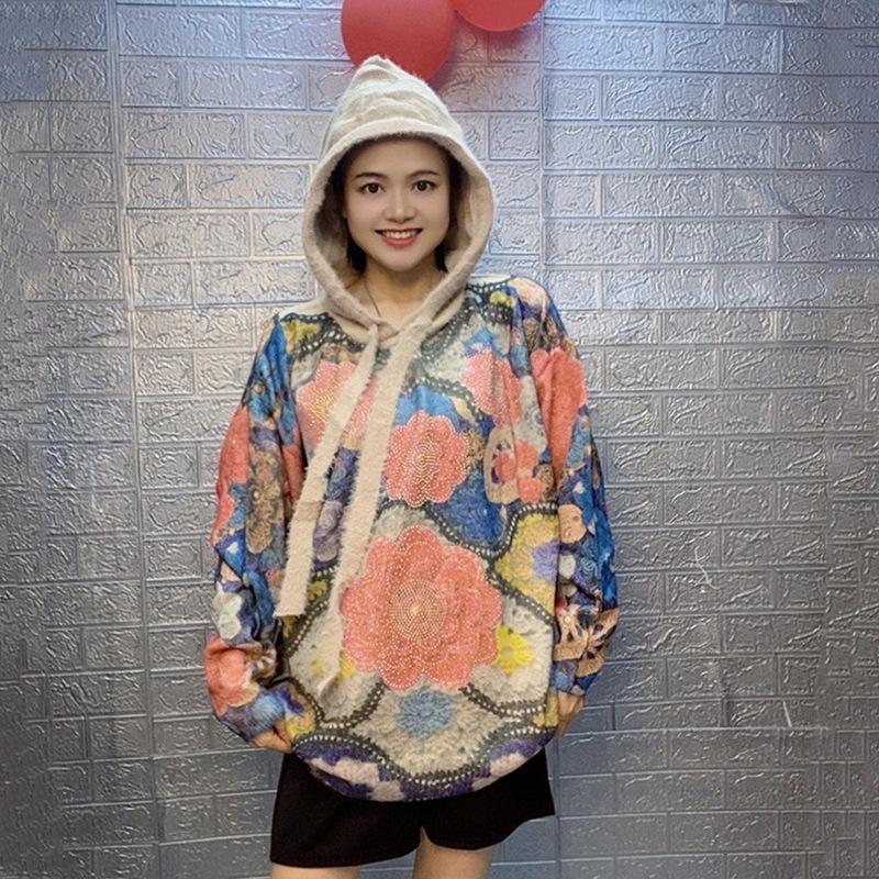 Retro Rhinestone Mink Velvet Hooded Sweater: Women's Loose Long Sleeve Knit Top, 2025 Edition