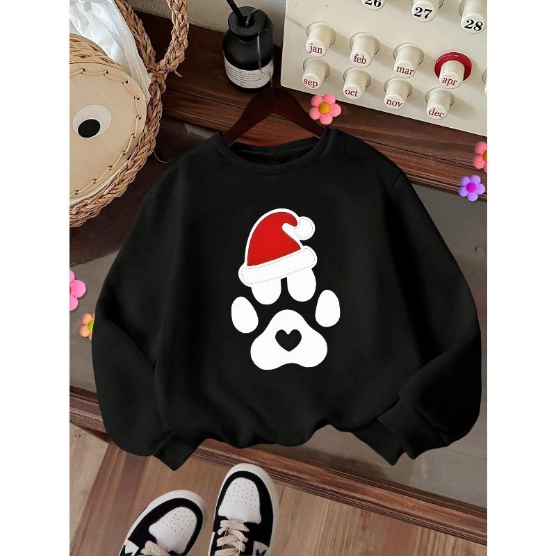 Kids Crewneck Sweatshirt, Dog Paw Prints & Santa Hat Christmas Print, Casual Tops for Fall & Winter 110