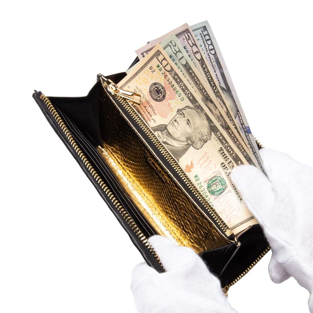 [Revetta] Crocodile Long Wallet, Gold Python Interior, Crocodile Leather, L-shaped, Men's, Genuine Leather, Round Zipper, Black, Matte Finish [081-5cr