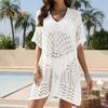 Women's Mesh Crochet Swimwear Cover-Up V-Neck Short Sleeve Hollow Out Beachwear Loose Fit Bikini Cover Up Dress for Vacation Travel