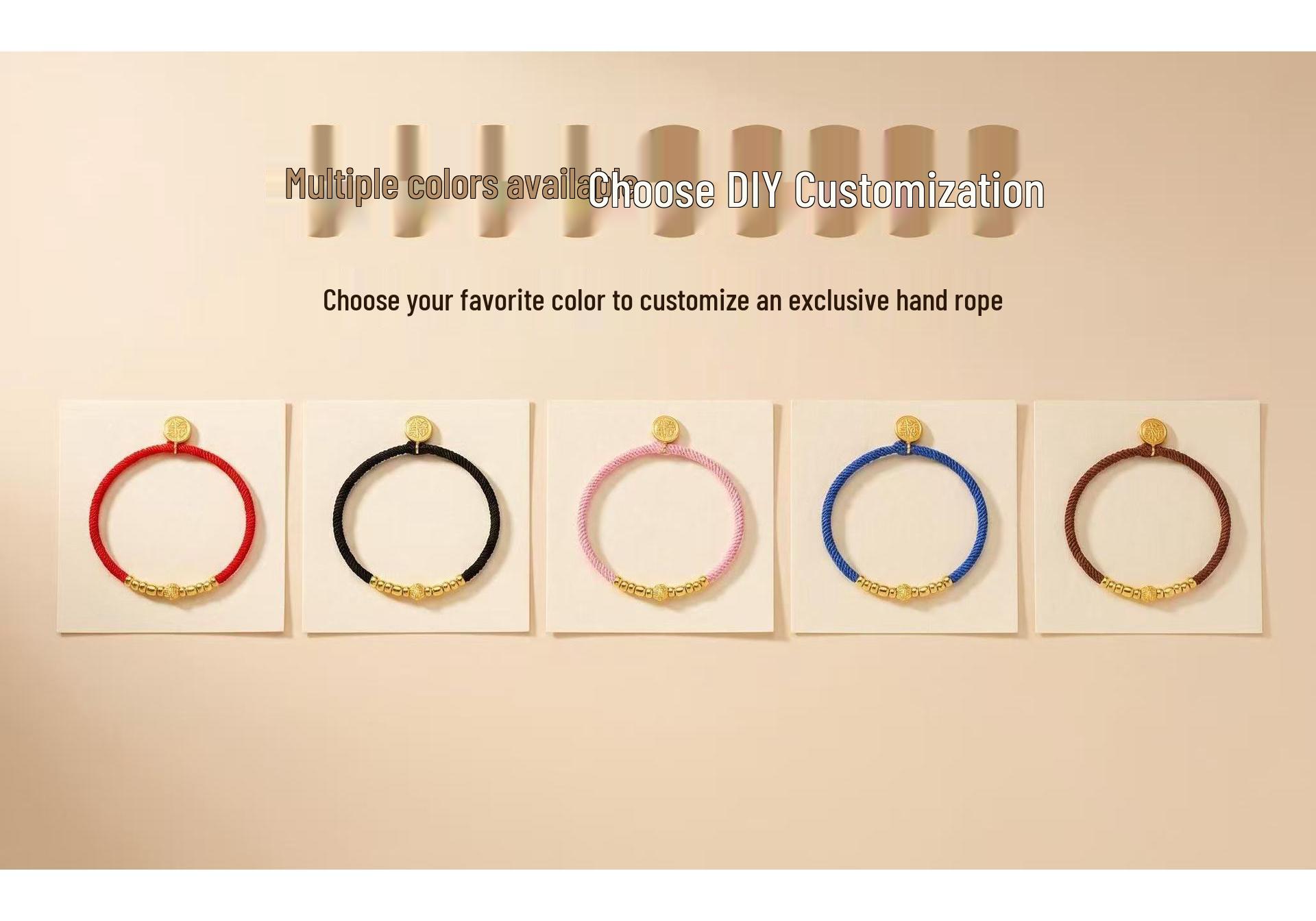 Gilded Brass Yellow Fu Character Rat Year Red Rope Bracelet