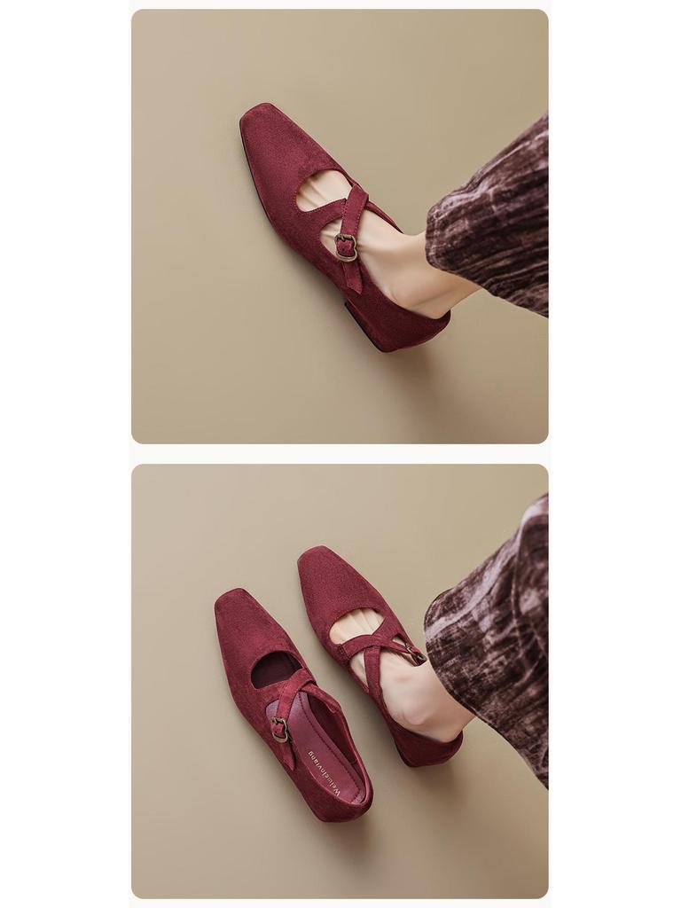 Weiwei Girl Retro Sametové Boty Mary Jane na Silném Podpatku pro Ženy