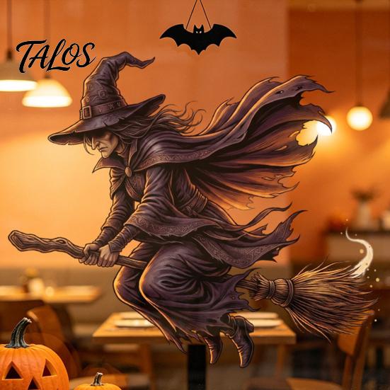 Static Glass Decals Halloween Witch on Broomstick Cling, Themed Window Sticker, Adsorption Stickers Removable Wall Cling for Storefront Windows Doors