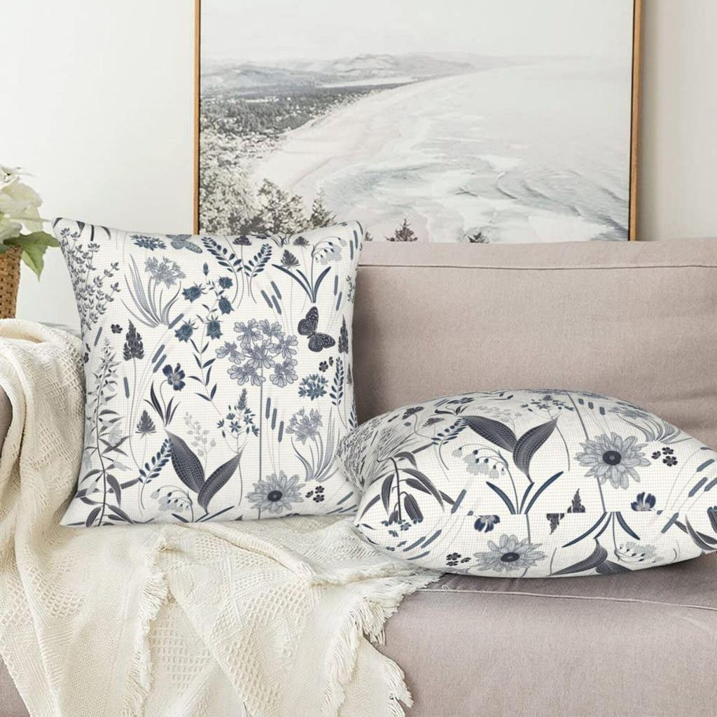 2 Pack Off White Gray Botanical Pillow Covers Double Sided Print Butterfly Wildflower Cushion Cases Home Decor