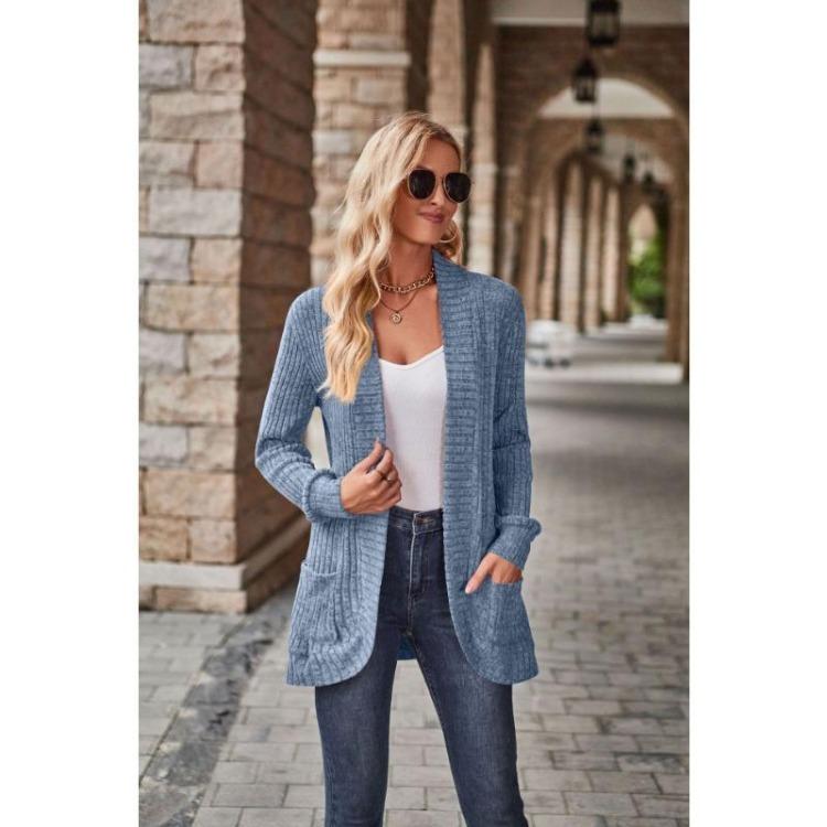 Women's Versatile Long Sleeve Cardigan Solid Color Pocket Spring Fall Clothing