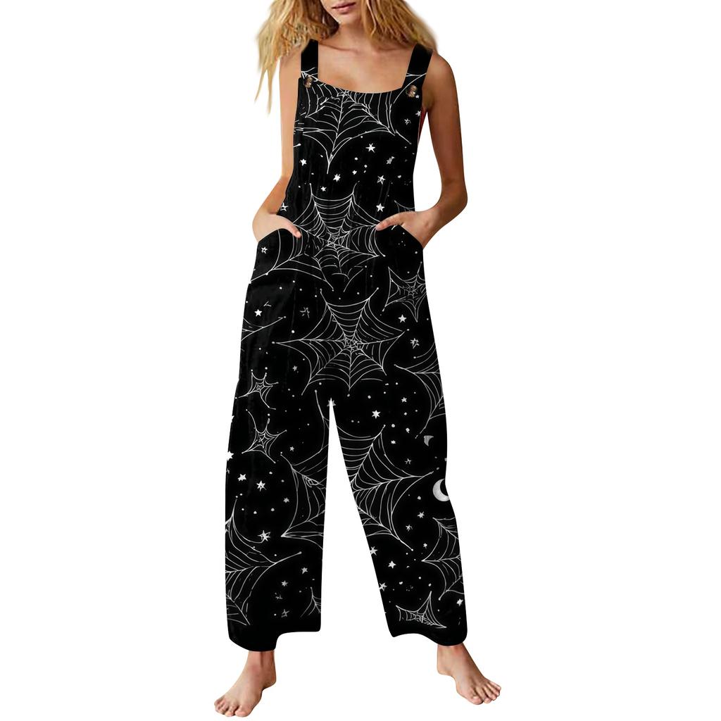 Women's Sleeveless Jumpsuit Cotton Halloween Print Casual Loose Fit Overalls Wide Leg Romper with Adjustable Straps and Pockets