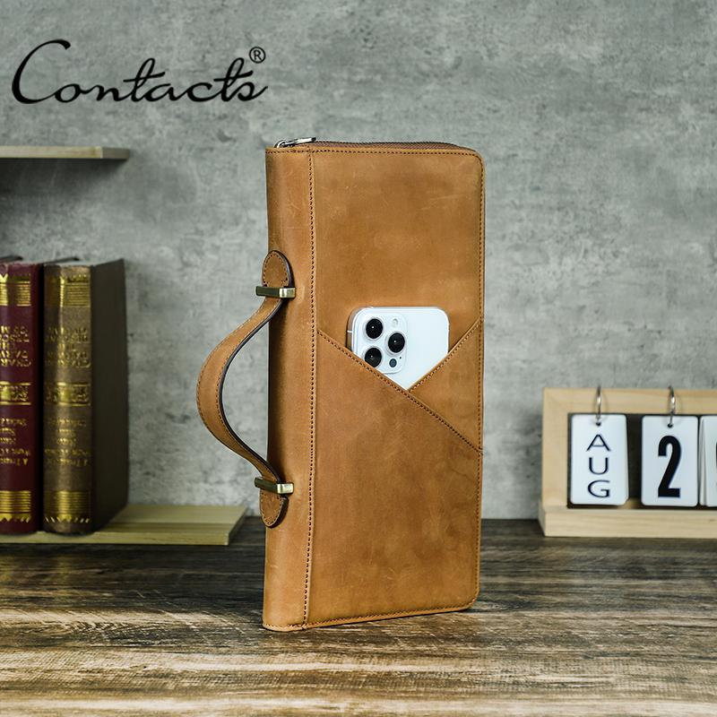 CONTACT'S Genuine Leather Men Handbag Passport Cover Card Holder Pen Slot Family Travel Passport Clutch Bag