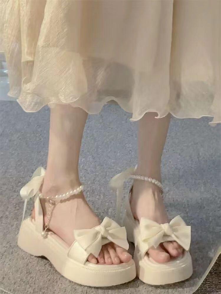 Sandals women's new summer bow fairy wind platform pearl word with fashion open-toed Roman women's shoes