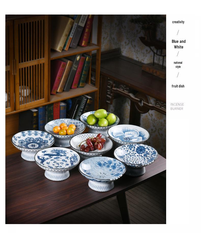 Blue & White Porcelain High-Footed Fruit Bowl for Tea Room or Coffee Table
