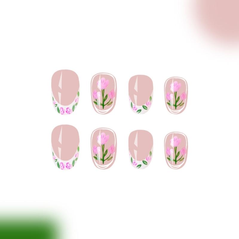 24 Pcs French Tip Press On Nail Short Oval False Nail Flowers Acrylic Nail Simple Full Cover Stick On Nail