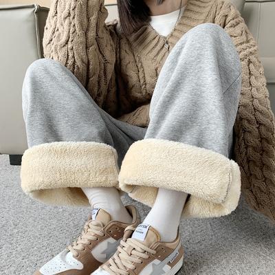 Lamb Wool Sweatpants Women's Autumn and Winter Fleece Thickened Thermal Cotton Pants Wear Casual Wide-leg Gray Sweatpants