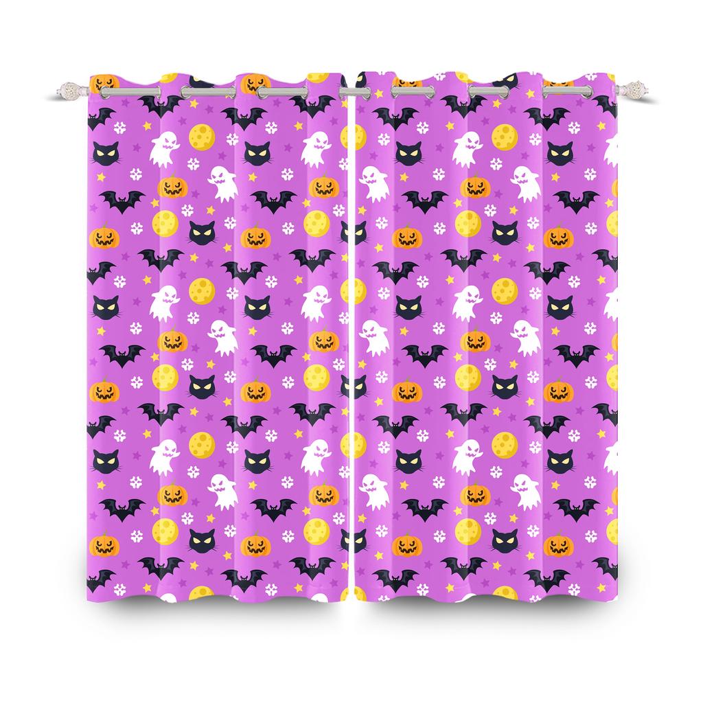 2pcs/set Horror Halloween Window Curtain Bat Spider Pumpkin Ghost Haunted House Home Decor Blackout Polyester Fabric Curtains