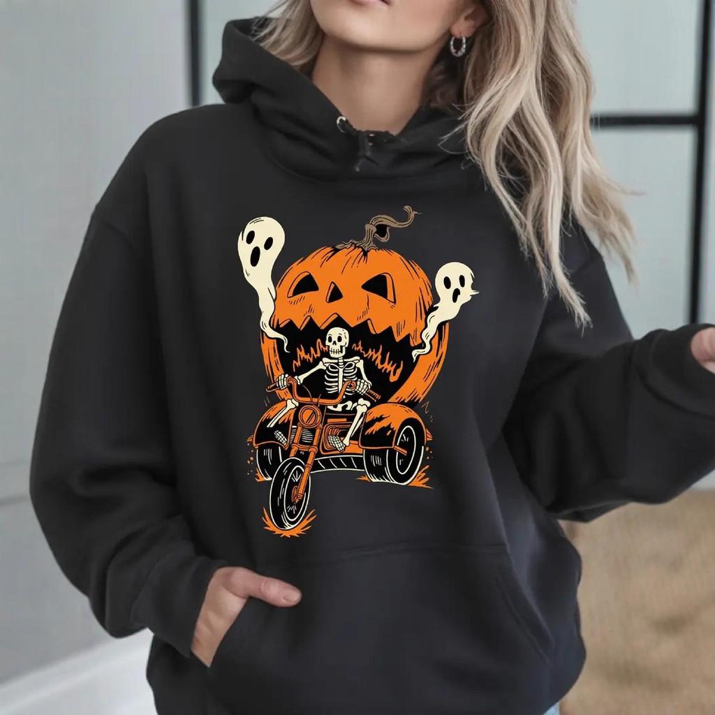 Ladies Spring Autumn Casual Hooded Long Sleeve Big Pocket Halloween Skull Pumpkin Printed Pullover Hoodies Sweatshirt Top