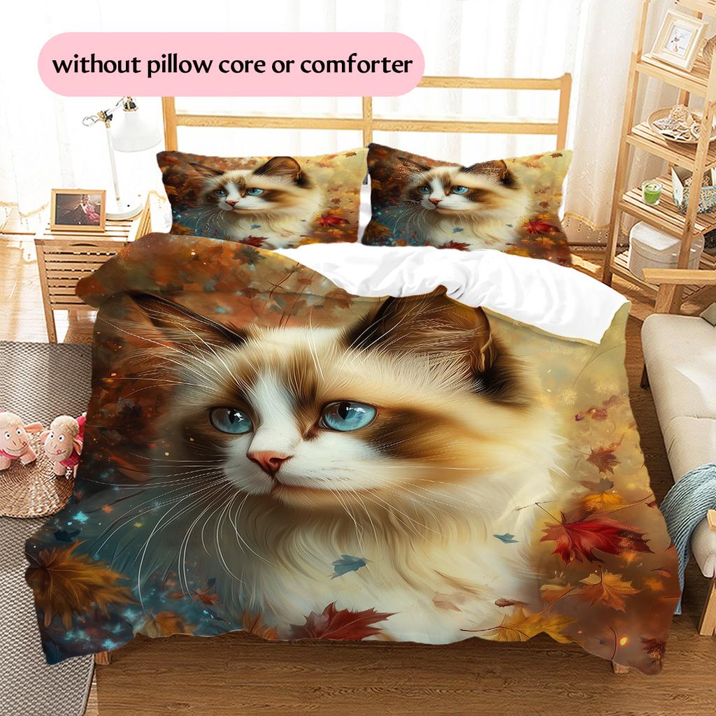 Maple Leaf Cat  Pattern Bedding Quilt Set Quilt Cover Pillowcase Home Decoration  Gift (1 * duvet cover + 2 * pillowcase, without core)