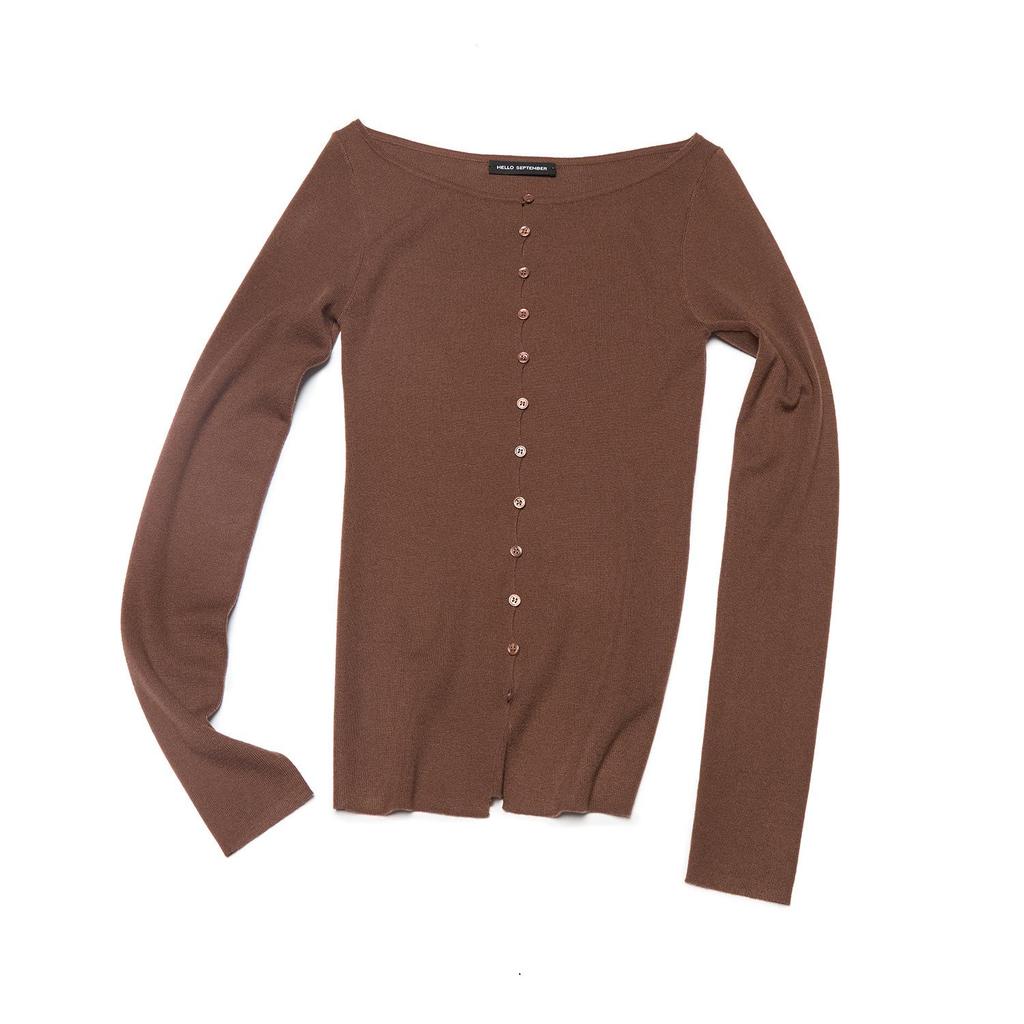 [Shi Shi] Women's Slim Fit Wool Cardigan - Boat Neck, Single-Breasted, Long Sleeve, Slightly Elastic, V8141