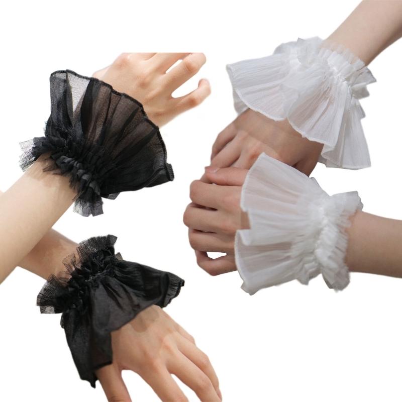 Women Wrist Cuffs Removable Lace Ruffled Wedding Supply Bride Dress False Sleeves Tulle Flared Sleeves