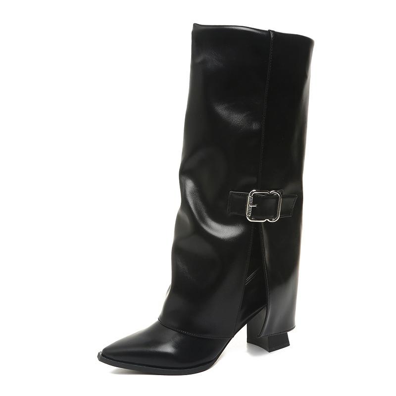 Damen Langstiefel Mode Hohe Absätze Spitze 2026 Designer Kniehohe Lederschuhe Metallschnalle Damen Mujer Botas