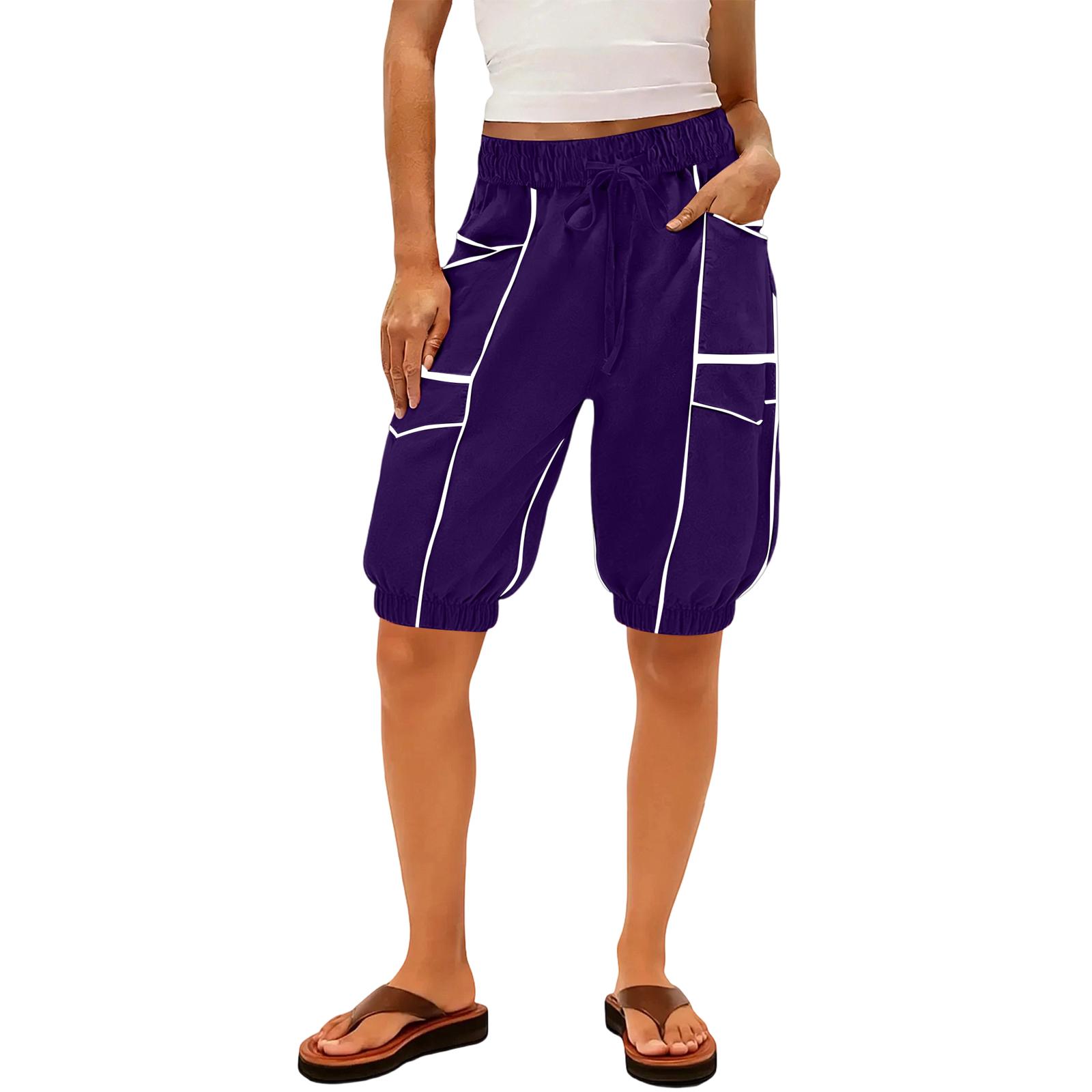 

Women s sanitary pants, leg binding pants, high waisted patchwork pockets, casual five quarter pants M фіолетовий