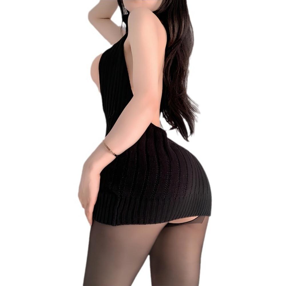 Sekseksi Sekseksi Süveter Açık Göğüs Bol Örgü Süveter Üniforma Baştan Çıkarma Saf Arkası Açık Yüksek Yaka Kolsuz Süveter