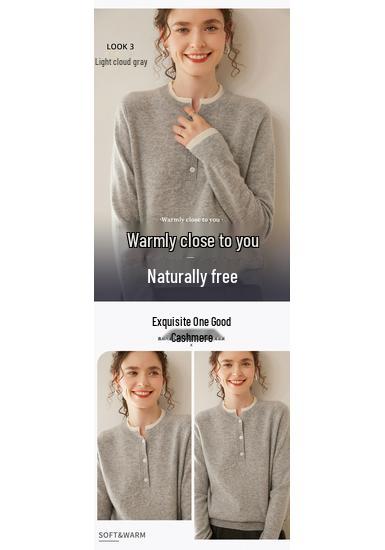Women's Color Block Cashmere Sweater - Round Neck, Buttoned, Loose Fit, Long Sleeve Contrasting Knit for Autumn/Winter.