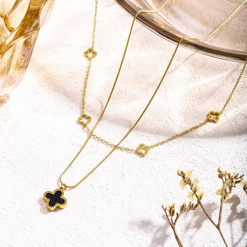 Elegant Four-Leaf Clover Double-Layer Necklace, Black & White Titanium Steel Clavicle Chain