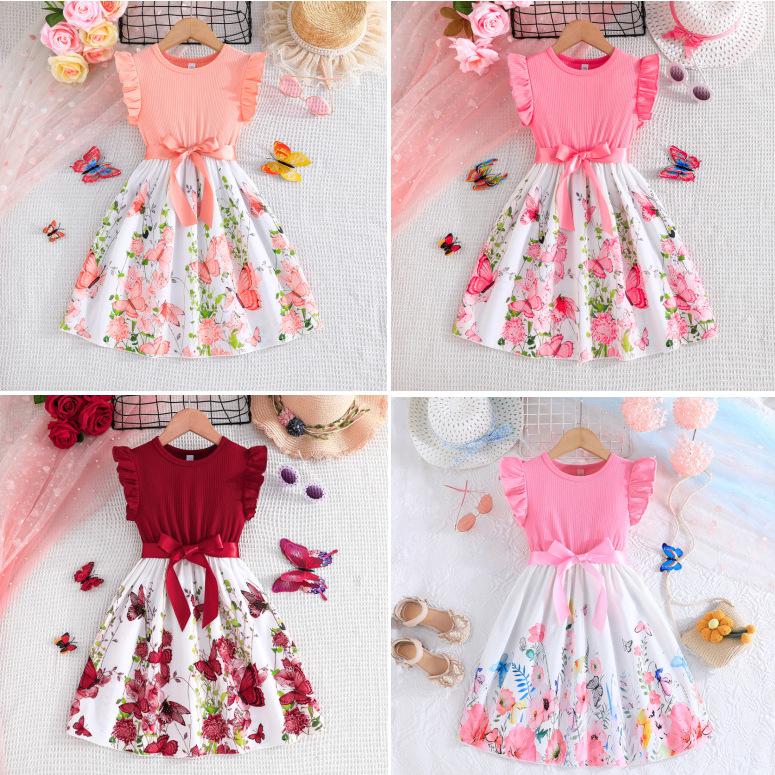Girls' Butterfly Print Color Block Sleeveless Ruffle Dress with Belt