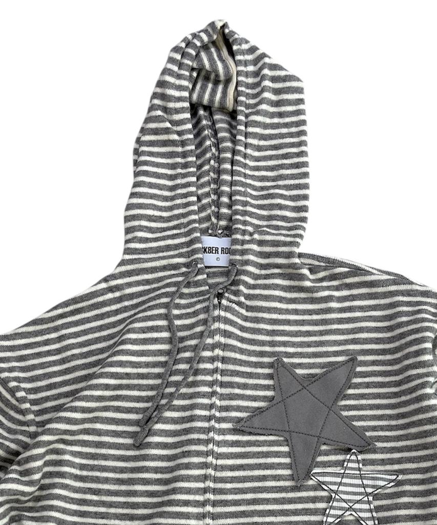SK8ER ROCK Double Stars Stripe Knit Hood Zip-Up ((Gray))