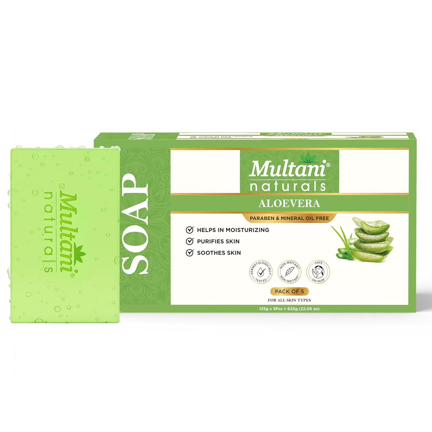 

Multani Aloe Vera Bath Soap Bar 125 g Pack of 5PCS Natural Handmade Herbal Cleansing Soap For Deep Hydration All Skin Type