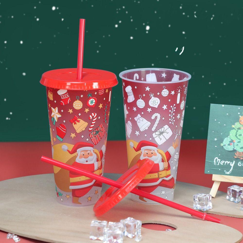 New Plastic Color Changing Cup Discoloration Dining Supplies Cold Drink Cup 710ml Reusable Straw Cup Christmas
