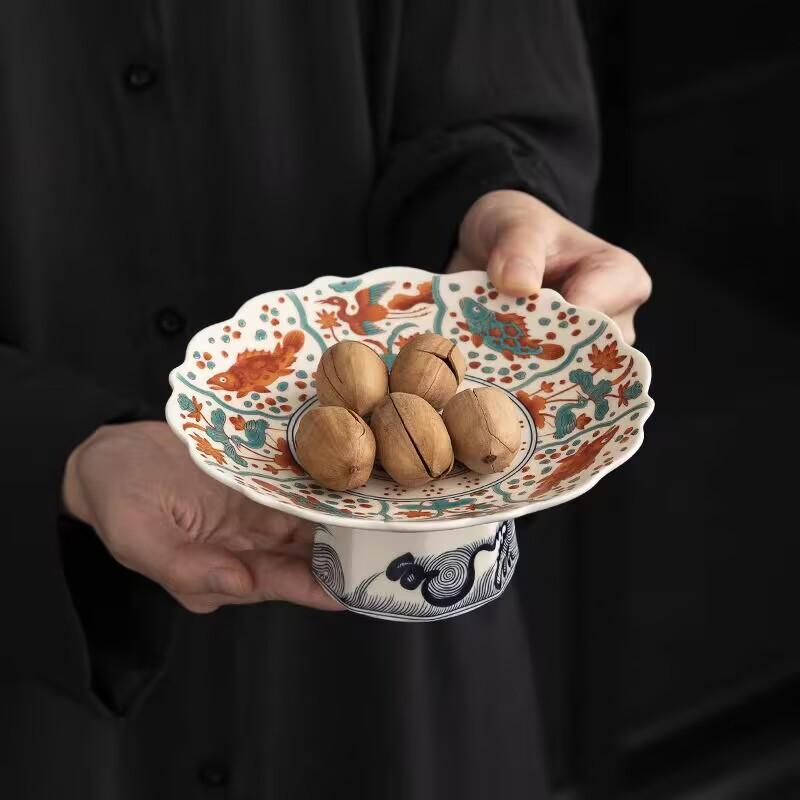 Chinesische Obstplatte Haushalt Wohnzimmer Couchtisch Snacks Hohe Platte Keramik Nationaler Stil Erfrischungsplatte Servierplatte