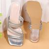 Fashion Women's Fashion Slippers Summer New Square Head Open Toe Sequin Thin Strap Slip-on Wear Resistant Chunky Heels