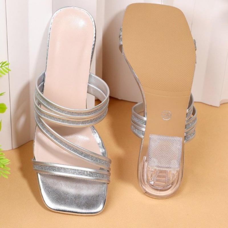 Fashion Women's Fashion Slippers Summer New Square Head Open Toe Sequin Thin Strap Slip-on Wear Resistant Chunky Heels